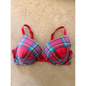 Cacique Boost Plunge Bra 40DD Red Plaid Underwire Padded Push Up Plus Size